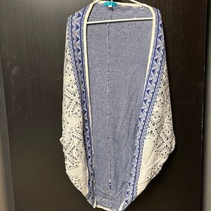 Buttons Open Poncho - Blue White Grey - Medium